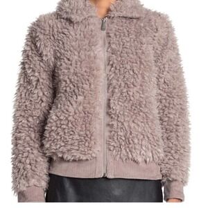 BCBGeneration Faux Fur Teddy Jacket Maximalist S Taupe Excellent Shaggy Zip Up